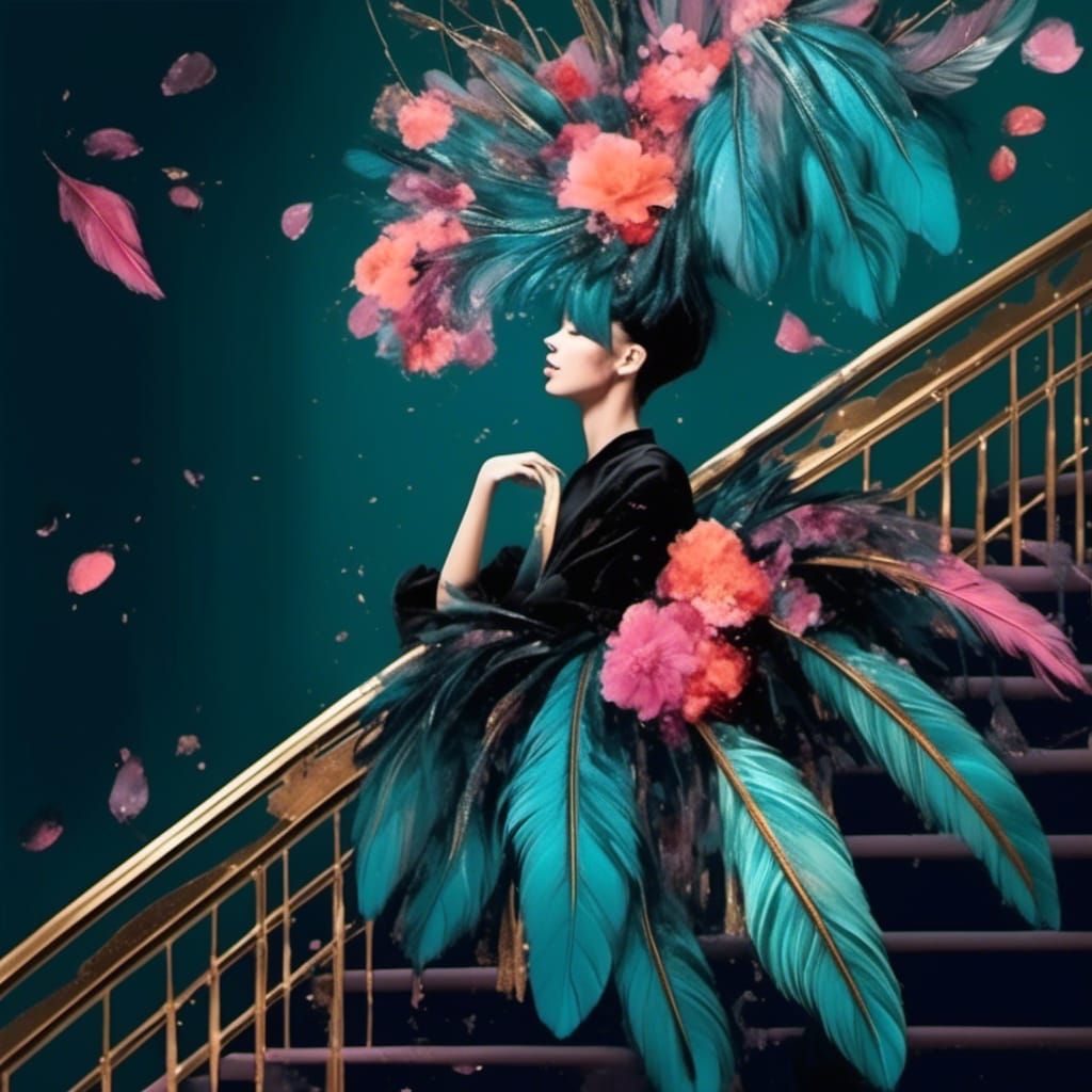 Surreal Staircase Adorned with Feathers in Analog Horror Sty...