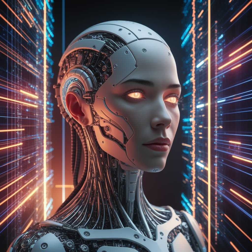 Cyborg Woman Portrait in Digital Glitch Art Style