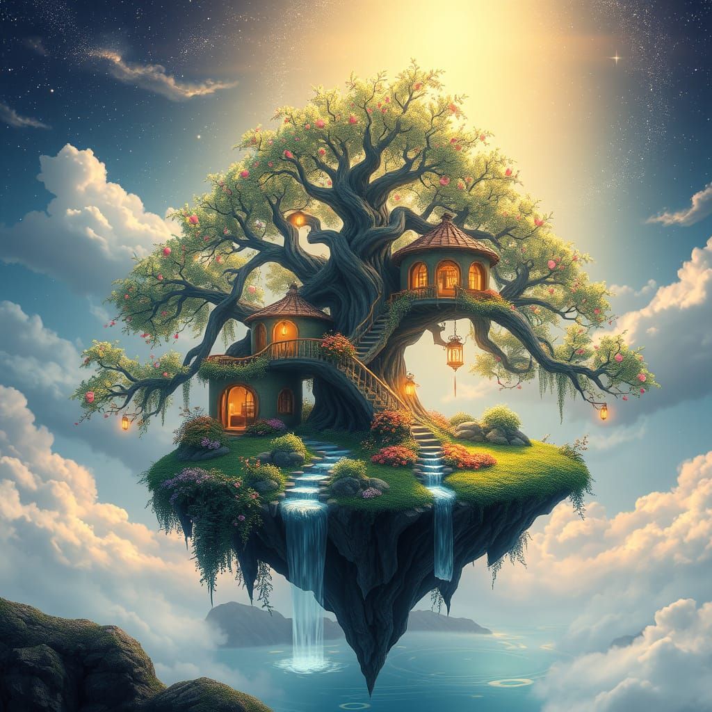 Enchanted Celestial Oasis with Ancient Treehouse