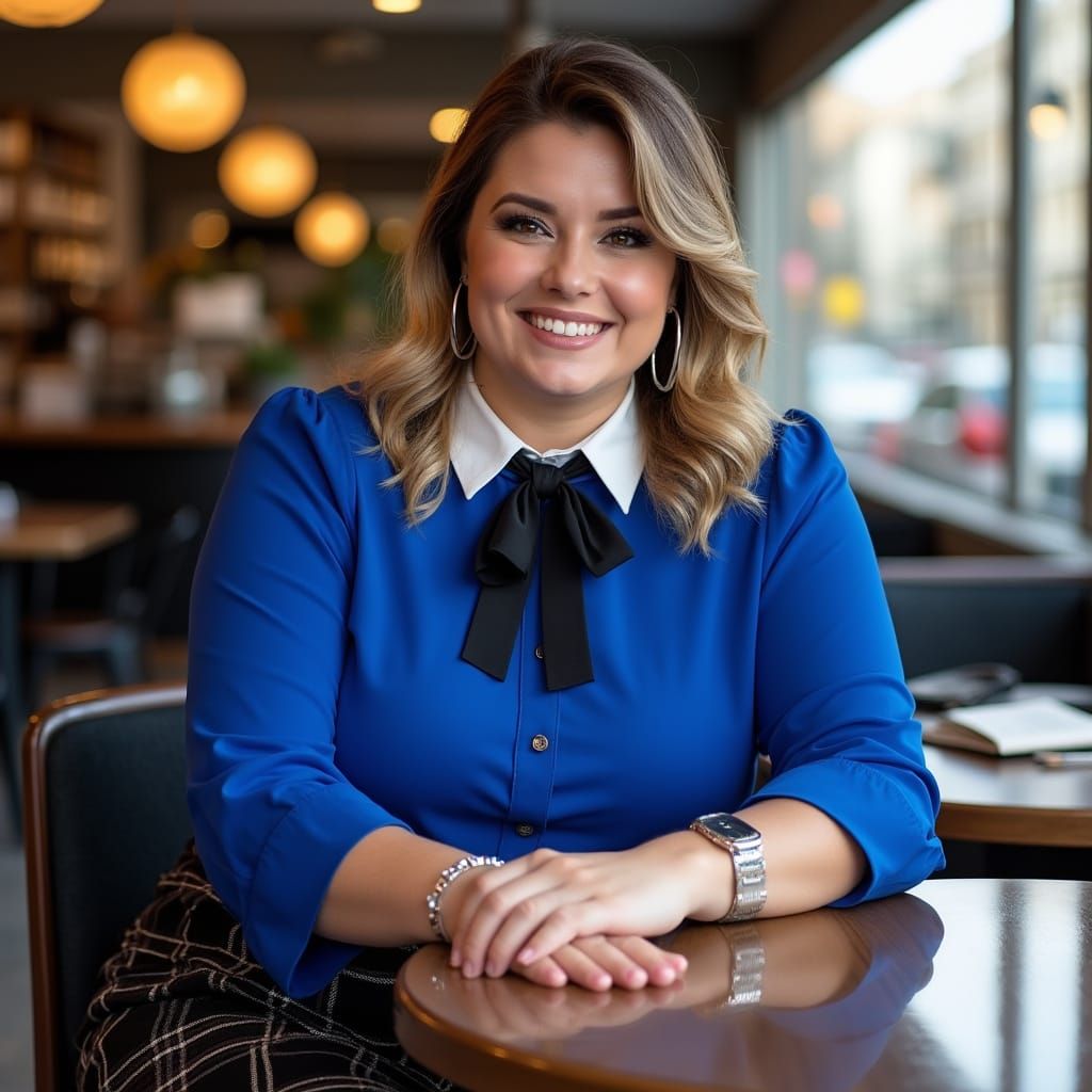 Plus-Size Slovenian Reporter in Blue Blouse at Cafe