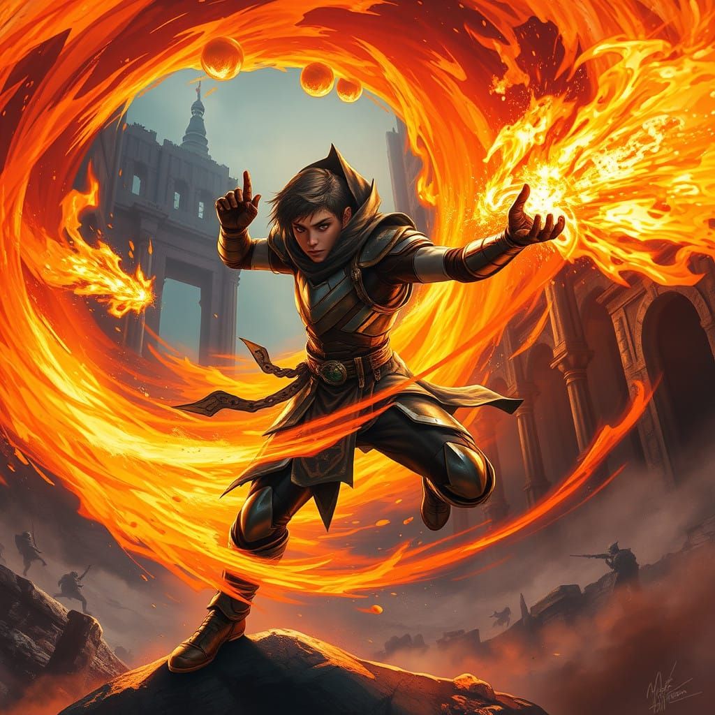 Cyberpunk Warrior Unleashes Fire in Ancient Ruins