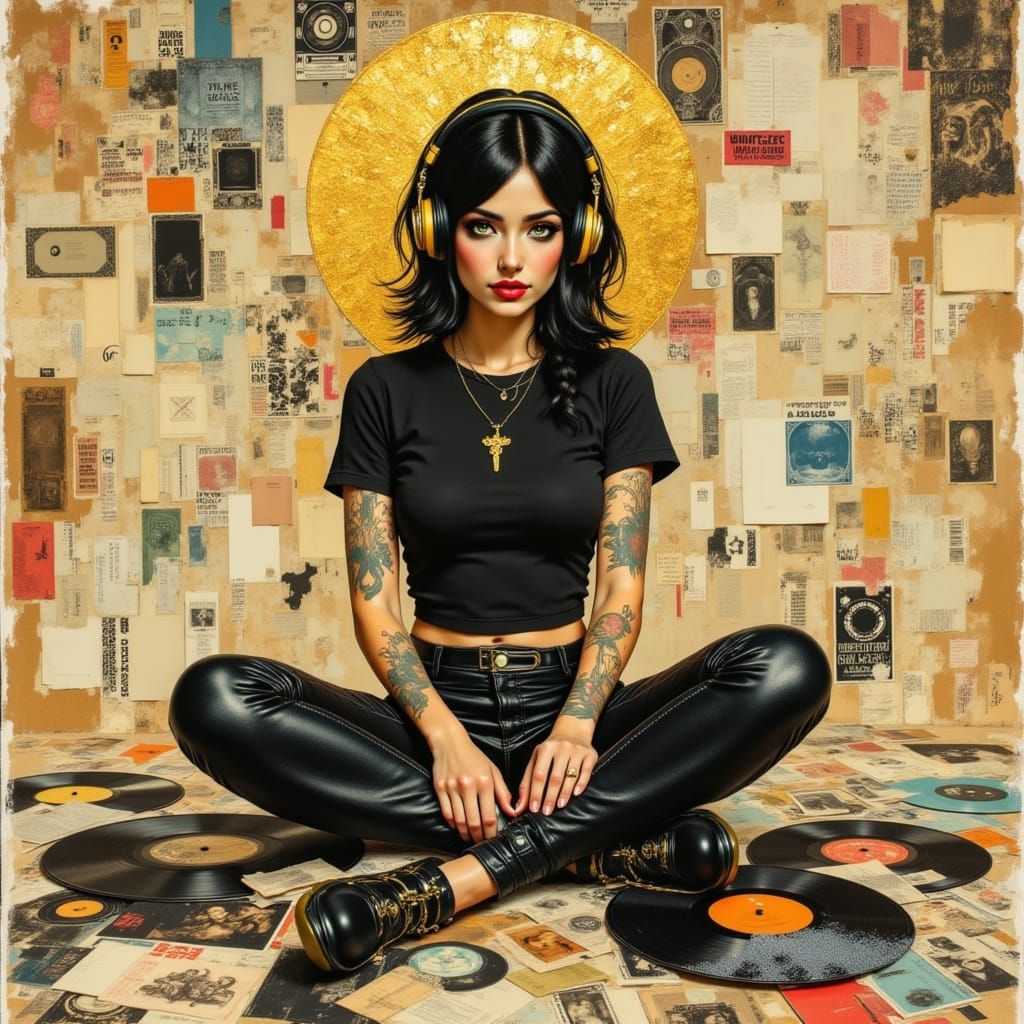 Woman Surrounded by Records and Ticket Stubs