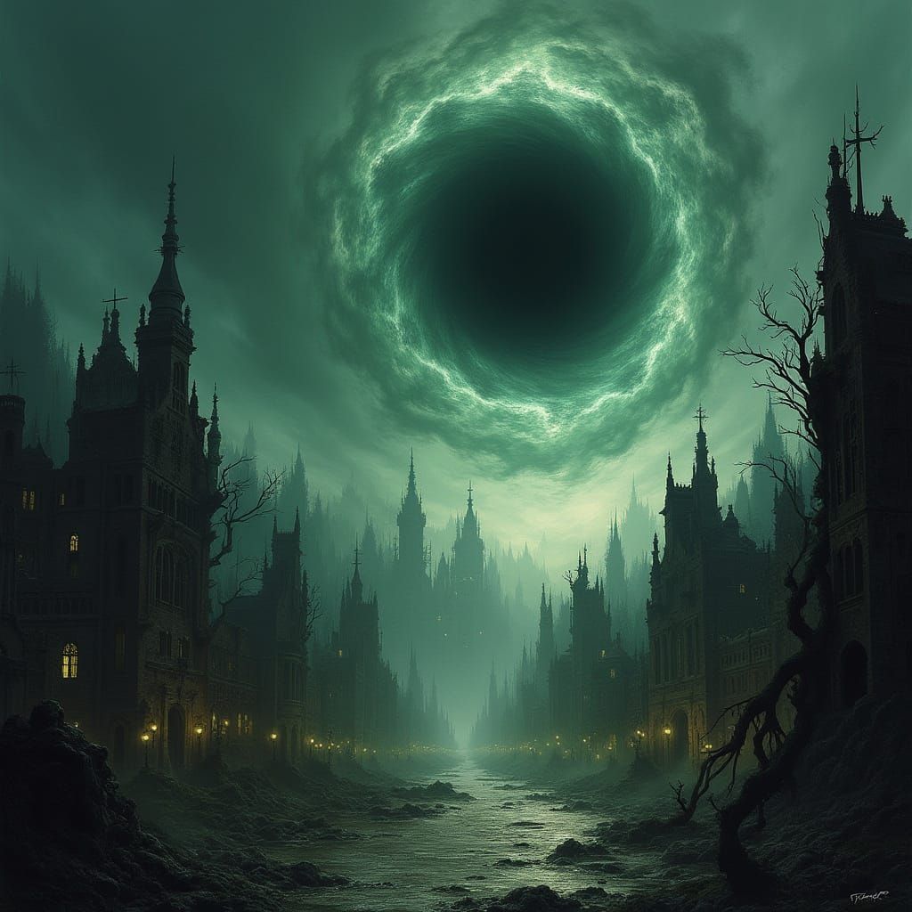 Gothic Horror City Consumed by Swirling Black Hole