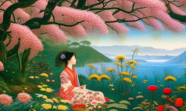 Woman in Flowers with Warped Forest View