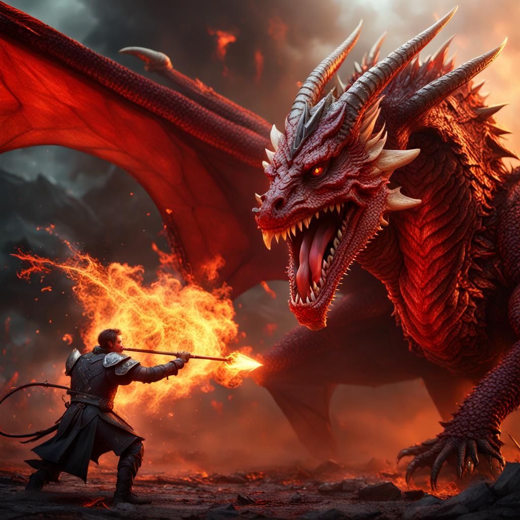 Red Dragon Belching Fire, Detailed Matte Painting
