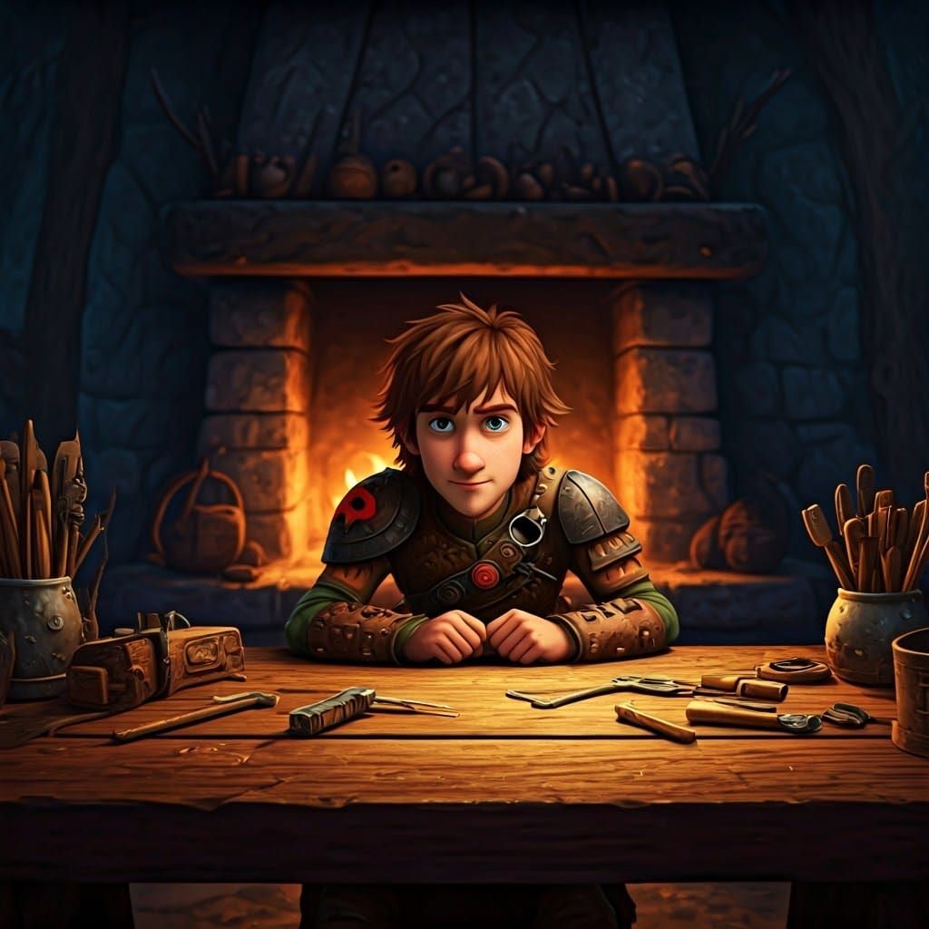 Young Hiccup Haddock at Work, Detailed Matte Painting