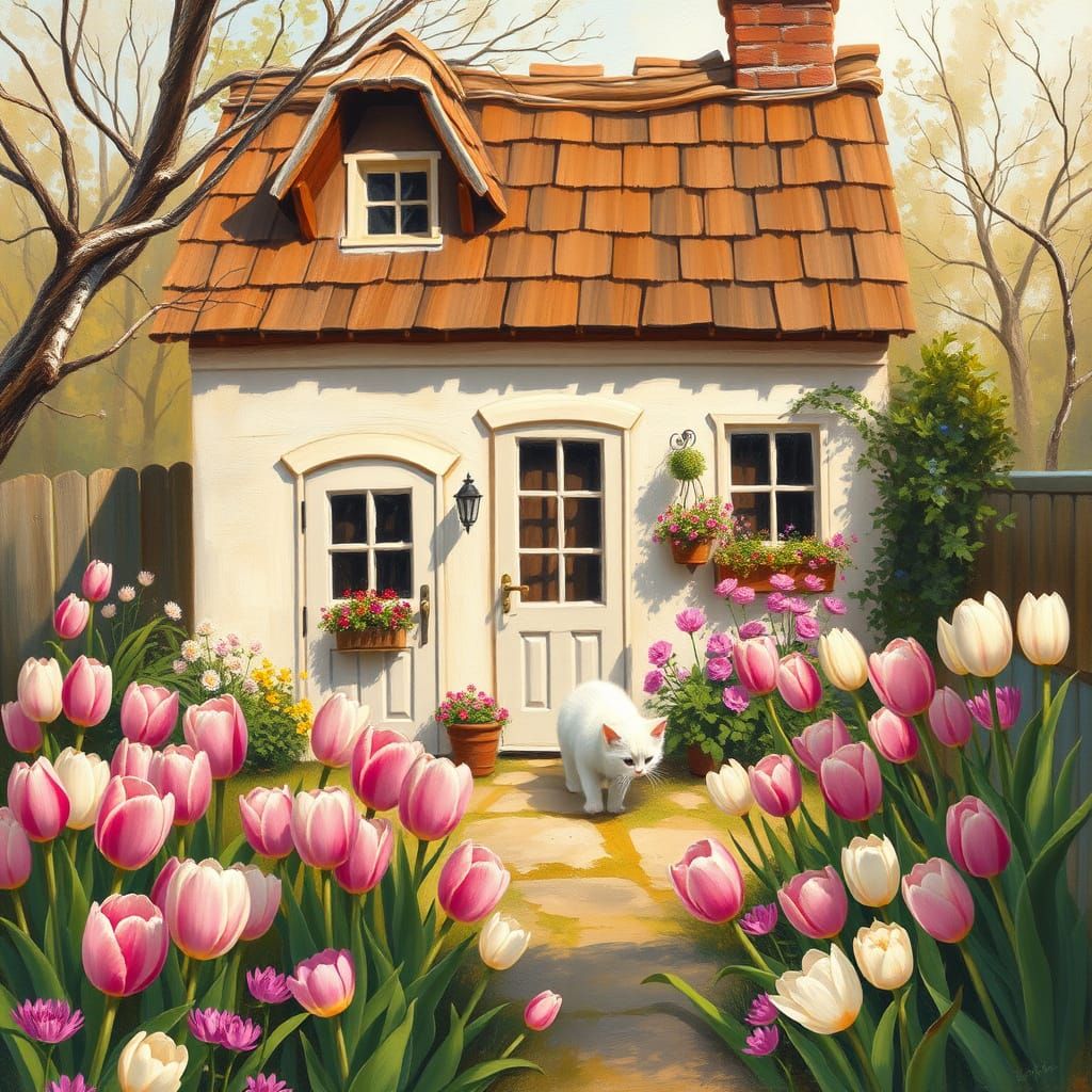 Charming Cottage Amidst Vibrant Spring Garden