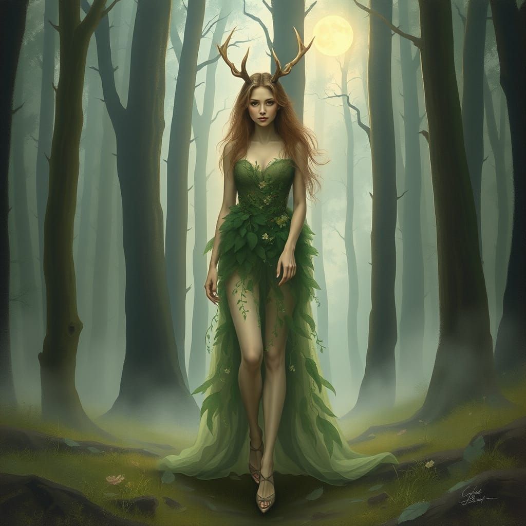 Mystical Deer-Woman in Moonlit Forest