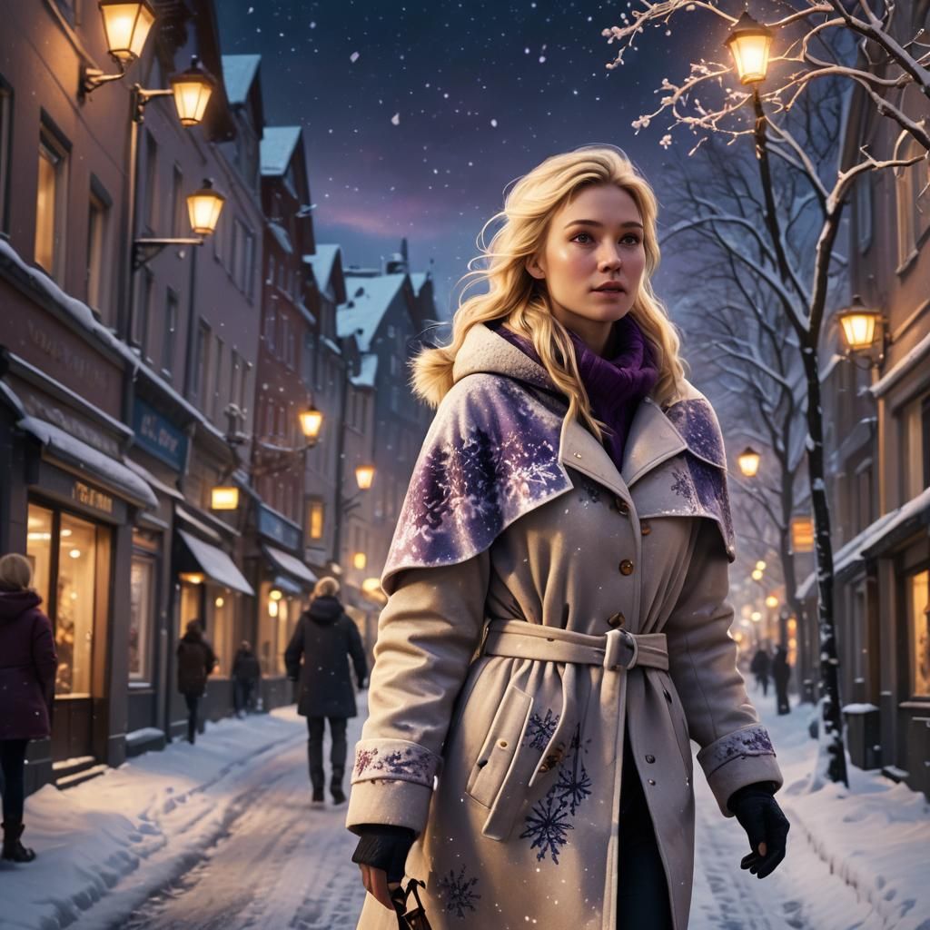 Blond Woman Walks Snowy Norwegian Street at Dusk