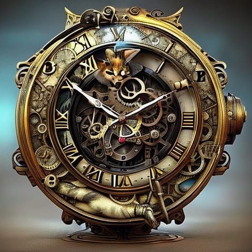 Steampunk Cat with Clock Face: Futuristic Masterpiece