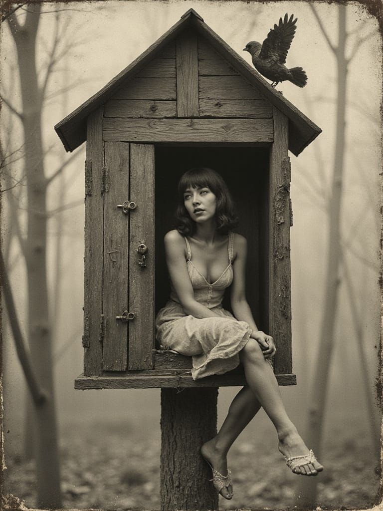 Surreal Woman in Birdhouse: Gothic Polaroid Style