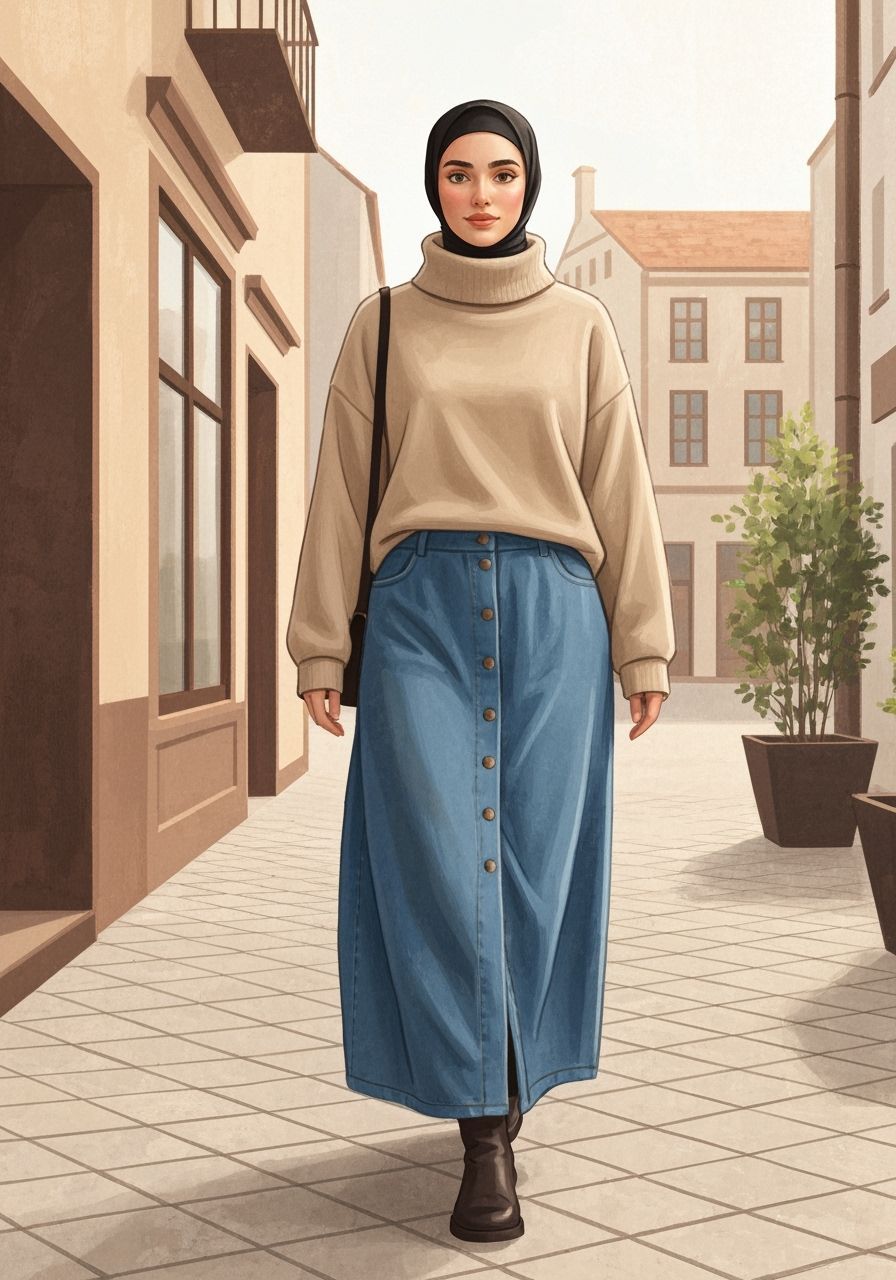 Happy Woman in Hijab Walking in City