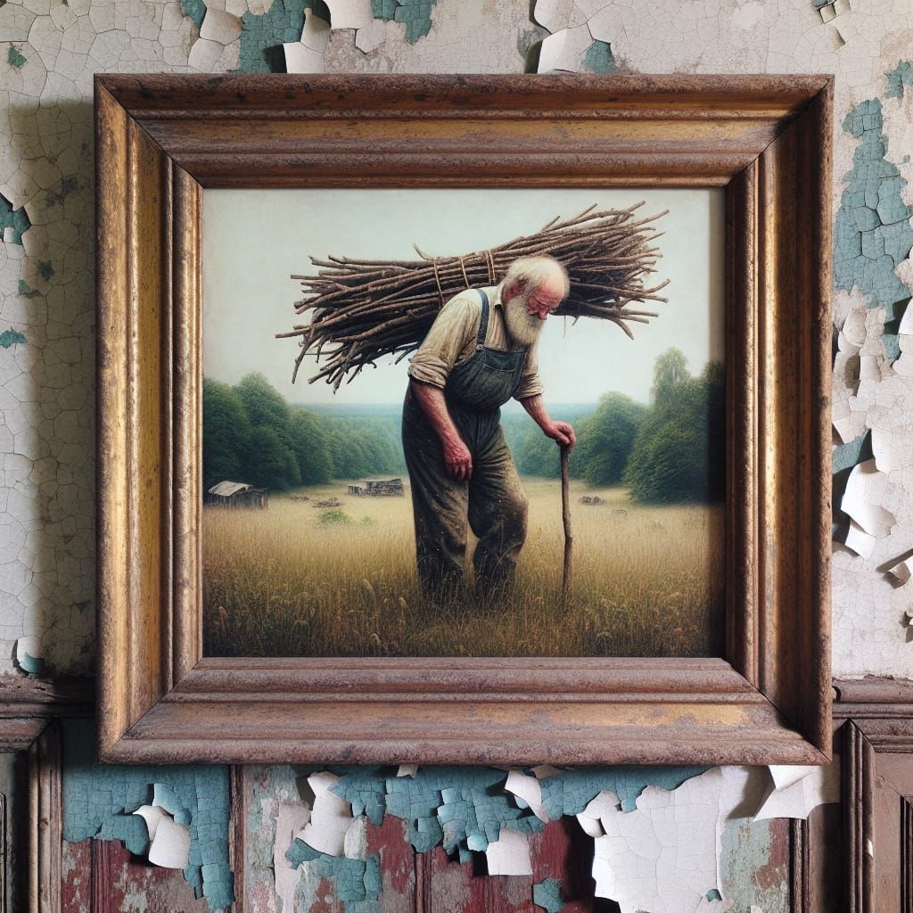 Vintage Framed Photo of Elderly Man Carrying Sticks