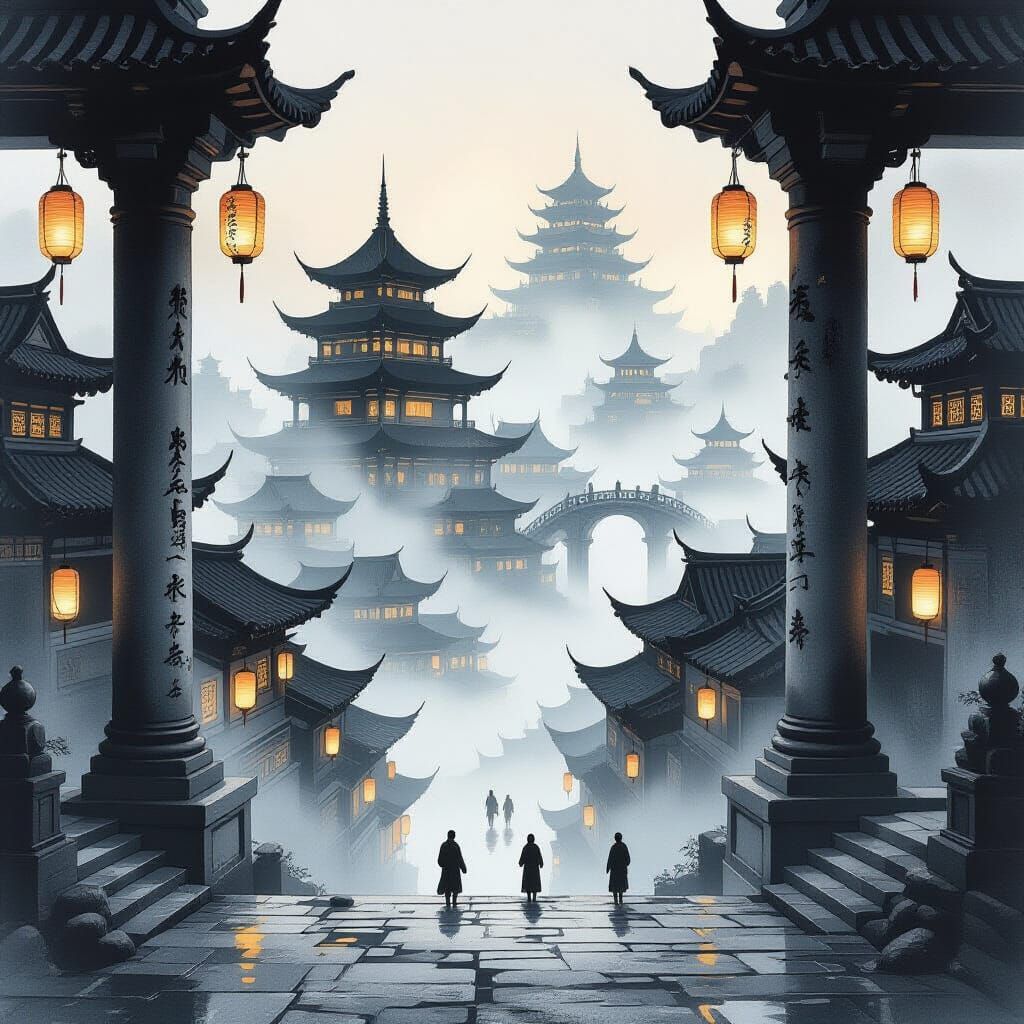 Otherworldly Asian Cityscape in Ink and Charcoal Style