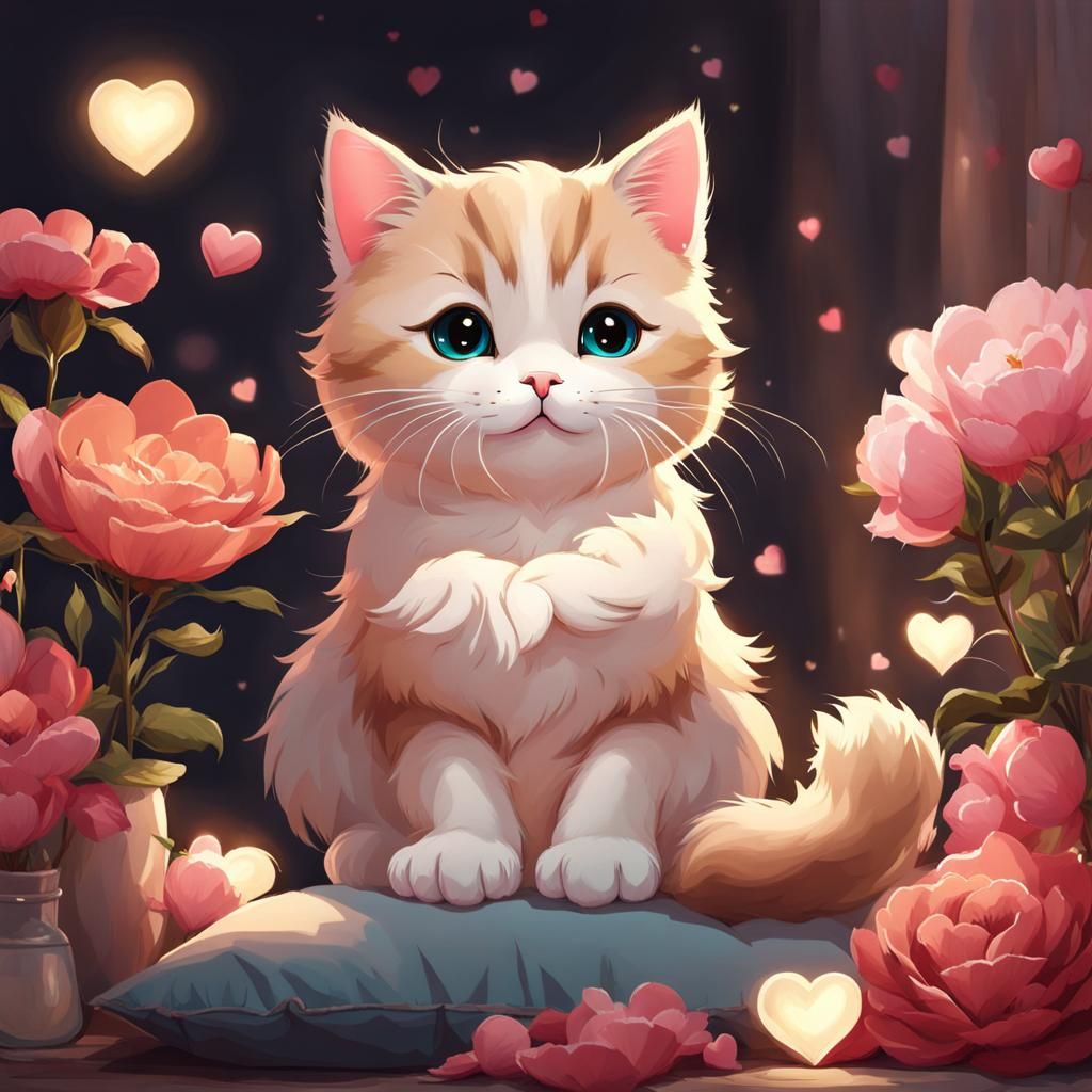 Cute Cat Surrounded by Flowers in WLOP Style
