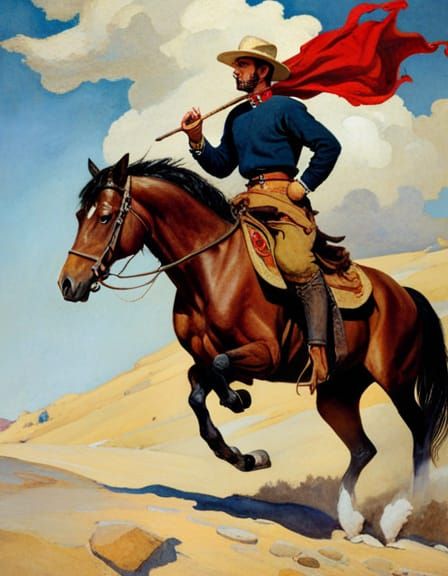 Man on Horse with Canopy in Classic Illustration Style