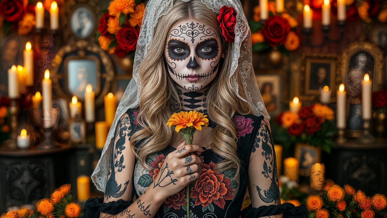 Gothic Woman with Sugar Skull Makeup at Ofrenda