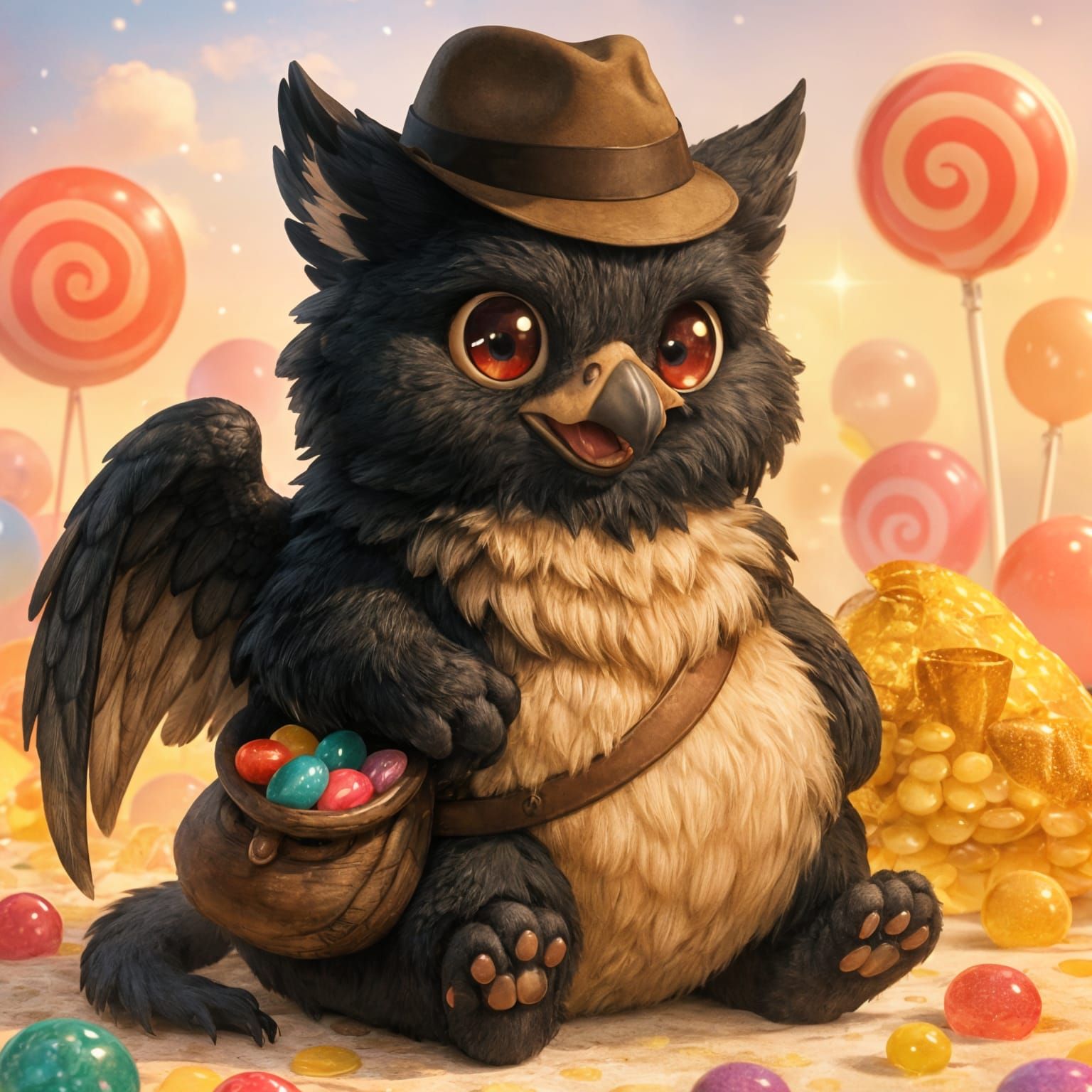 Chubby Griffin Adventurer in Whimsical Candy Land