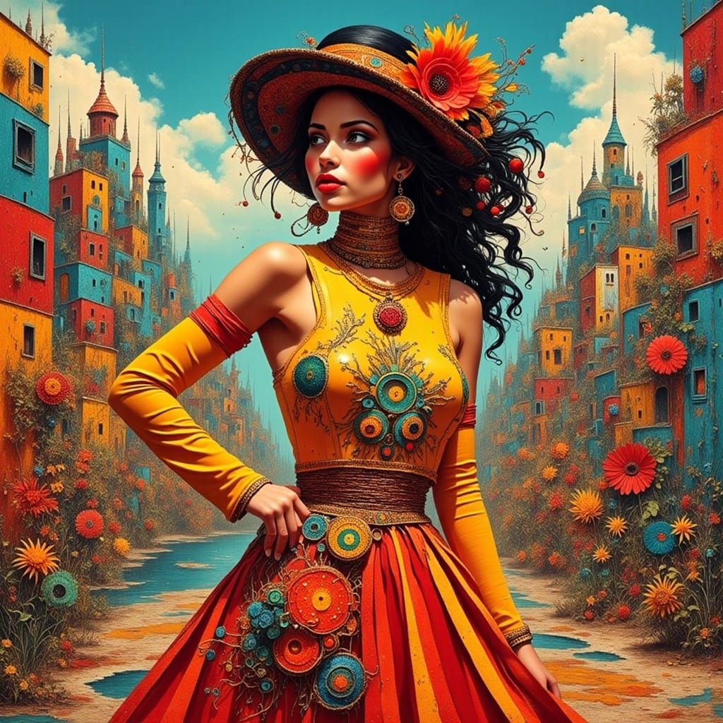 Vibrant Woman in Stylized Cityscape, Pop Art Digital Art