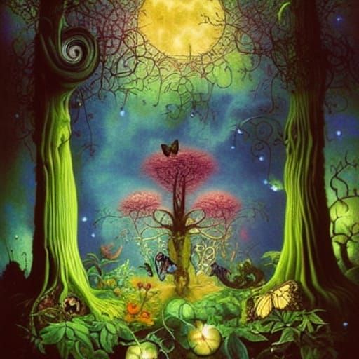 Enchanted Night Forest with Glowing Flora, Painted Style