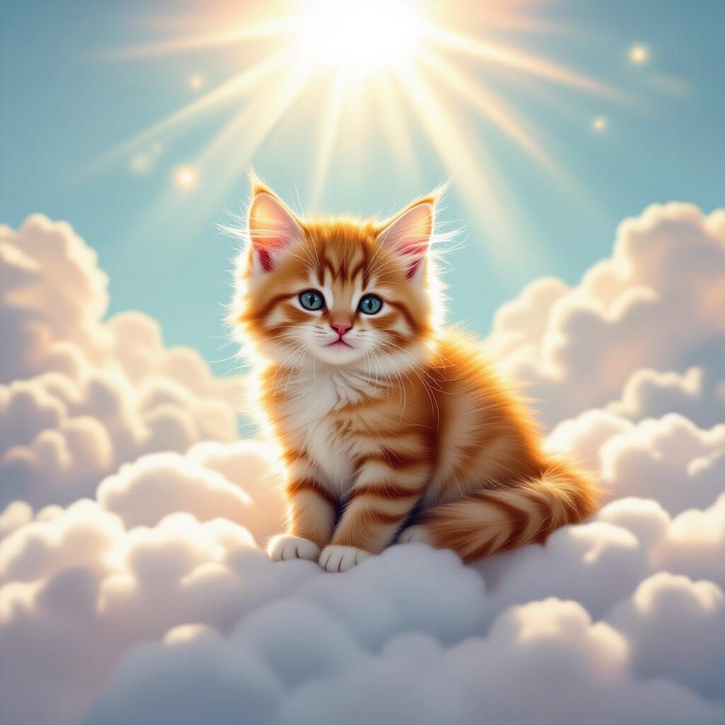 Fluffy Kitten Defecating on Cloud in Ethereal Style