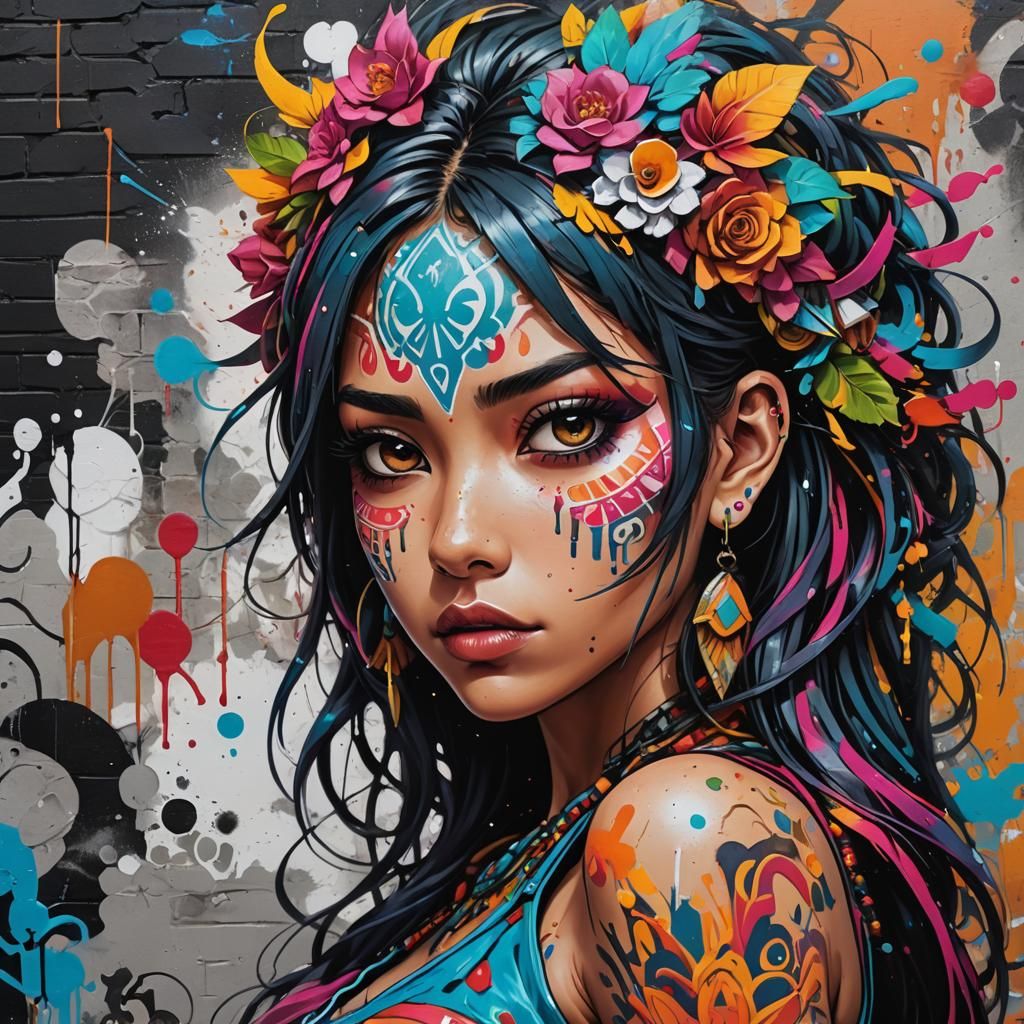 Colorful Graffiti Art of a Latina Anime Girl