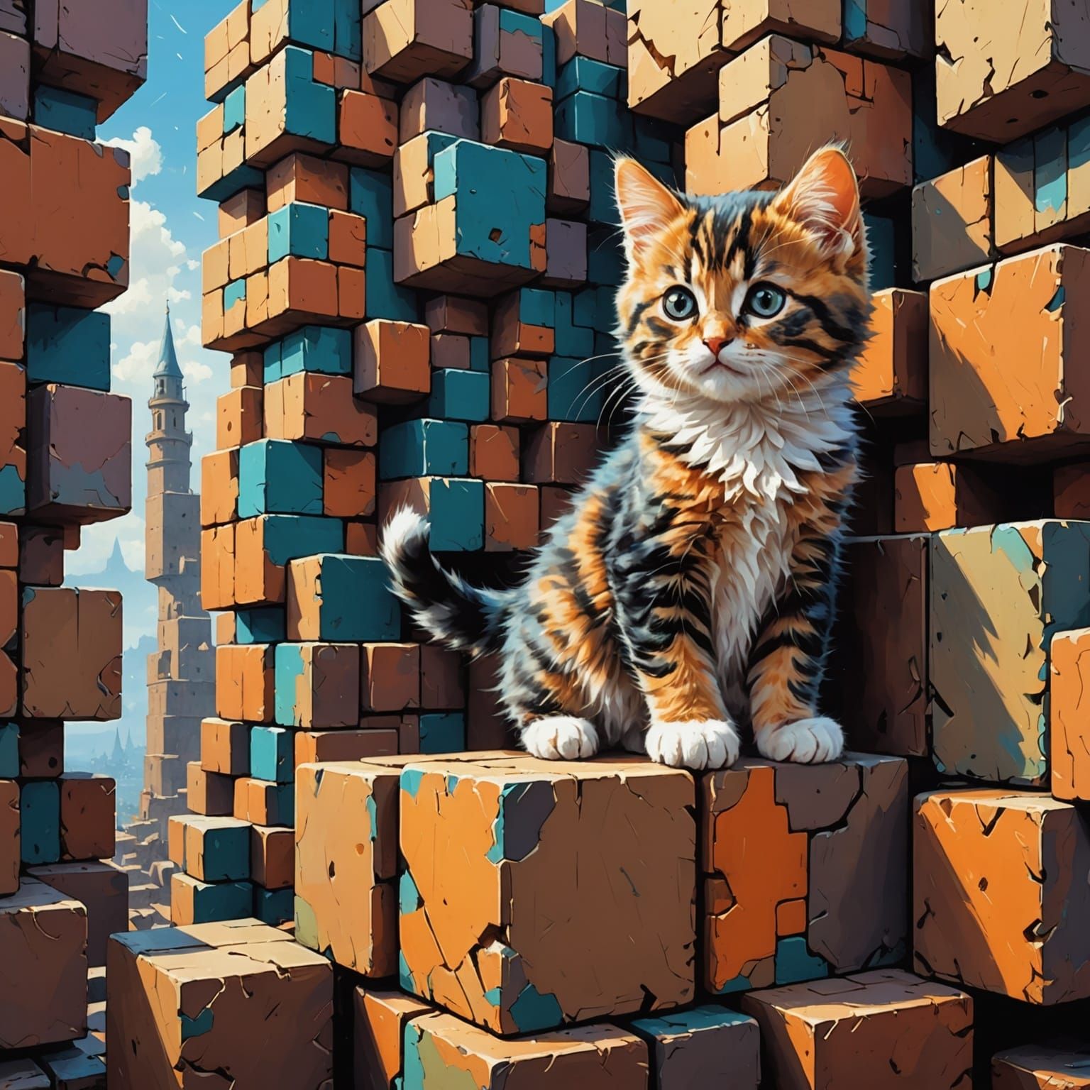 Kitten Ascends Vibrant Cubical Metropolis