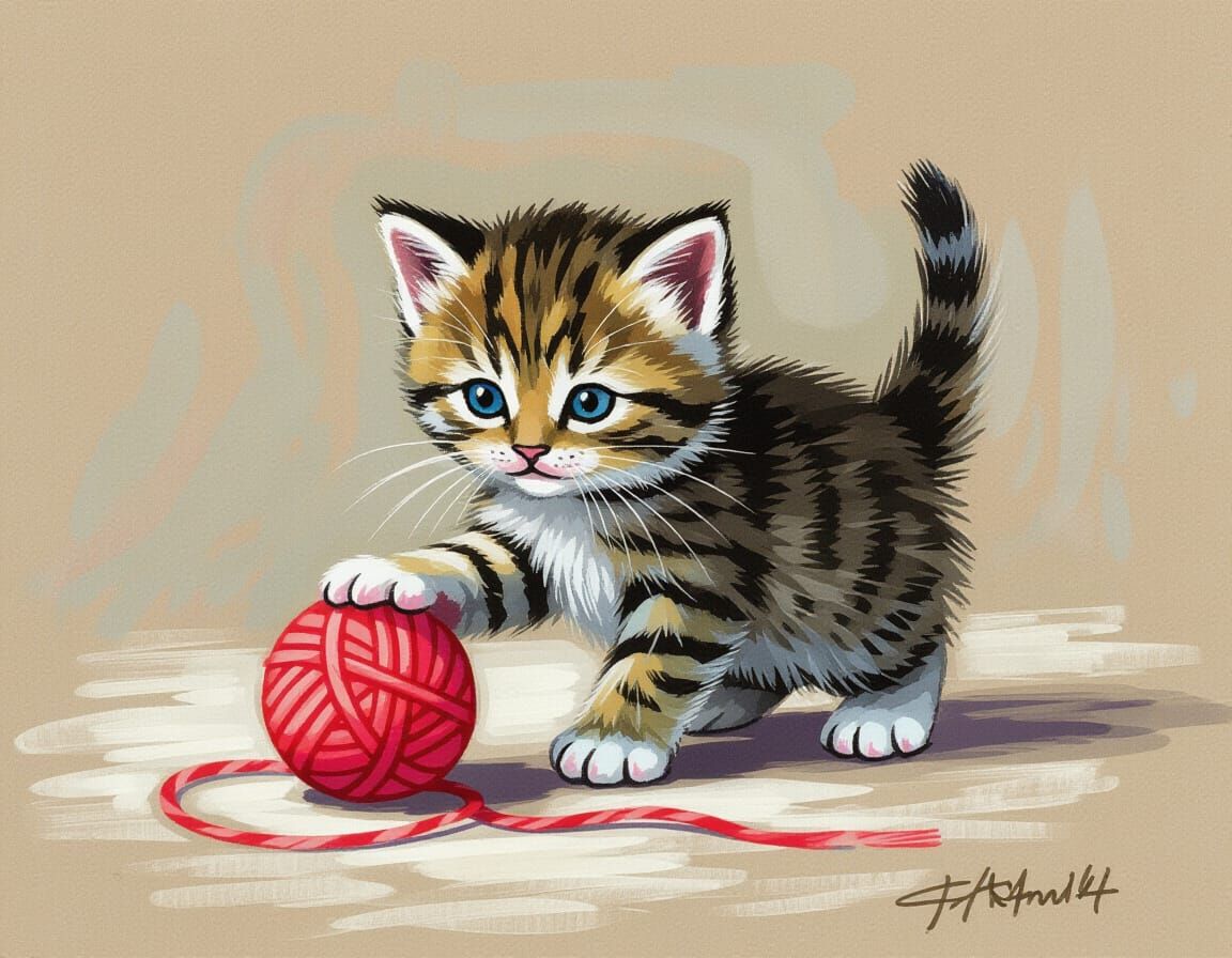 Charming Kitten Plays with Yarn in Primitive Chalk Style