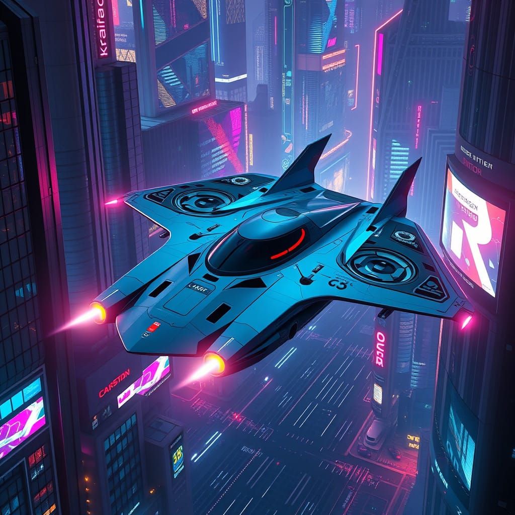 Cyberpunk Winged Spaceship: Futuristic Flying Vehicle in Ang...