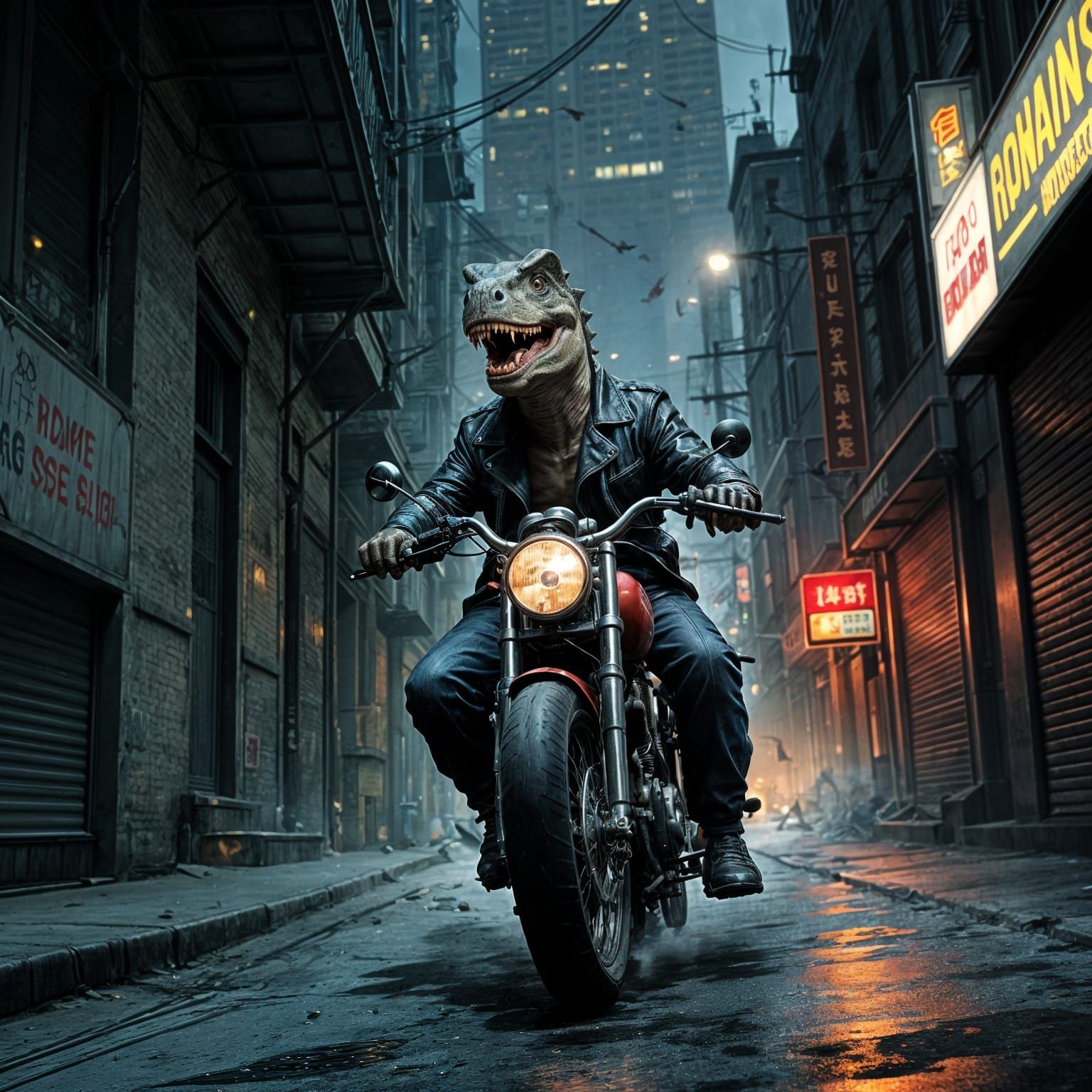 Dinosaur Chases Chaos Through Dark Alley in Cyberpunk Style