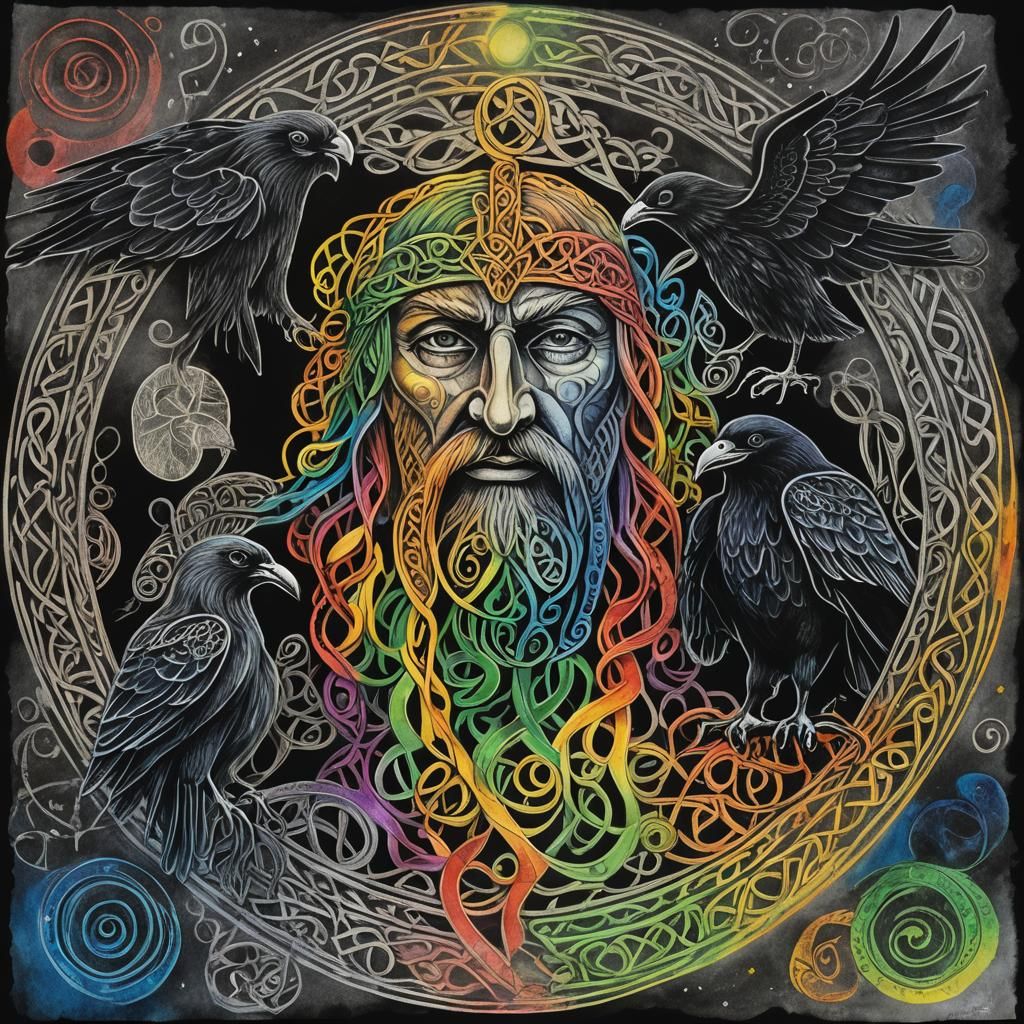 Surreal Celtic Knotwork of Odin in Crayon Style