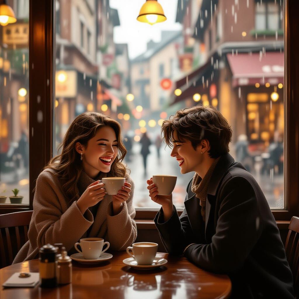 Friends Laughing in Sepia-Toned Café: Lo-fi Anime