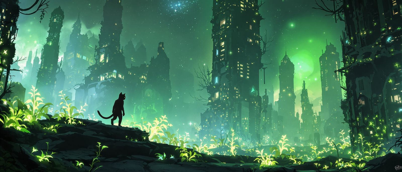 Spectral Cat in Bioluminescent Alien Forest City