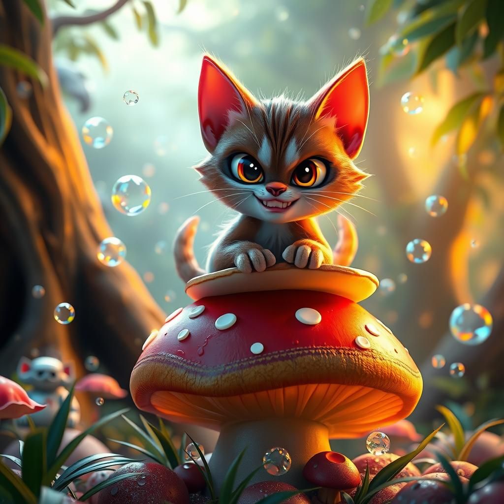 Cartoon Kitten on Mushroom in Pixar-esque 3D Style