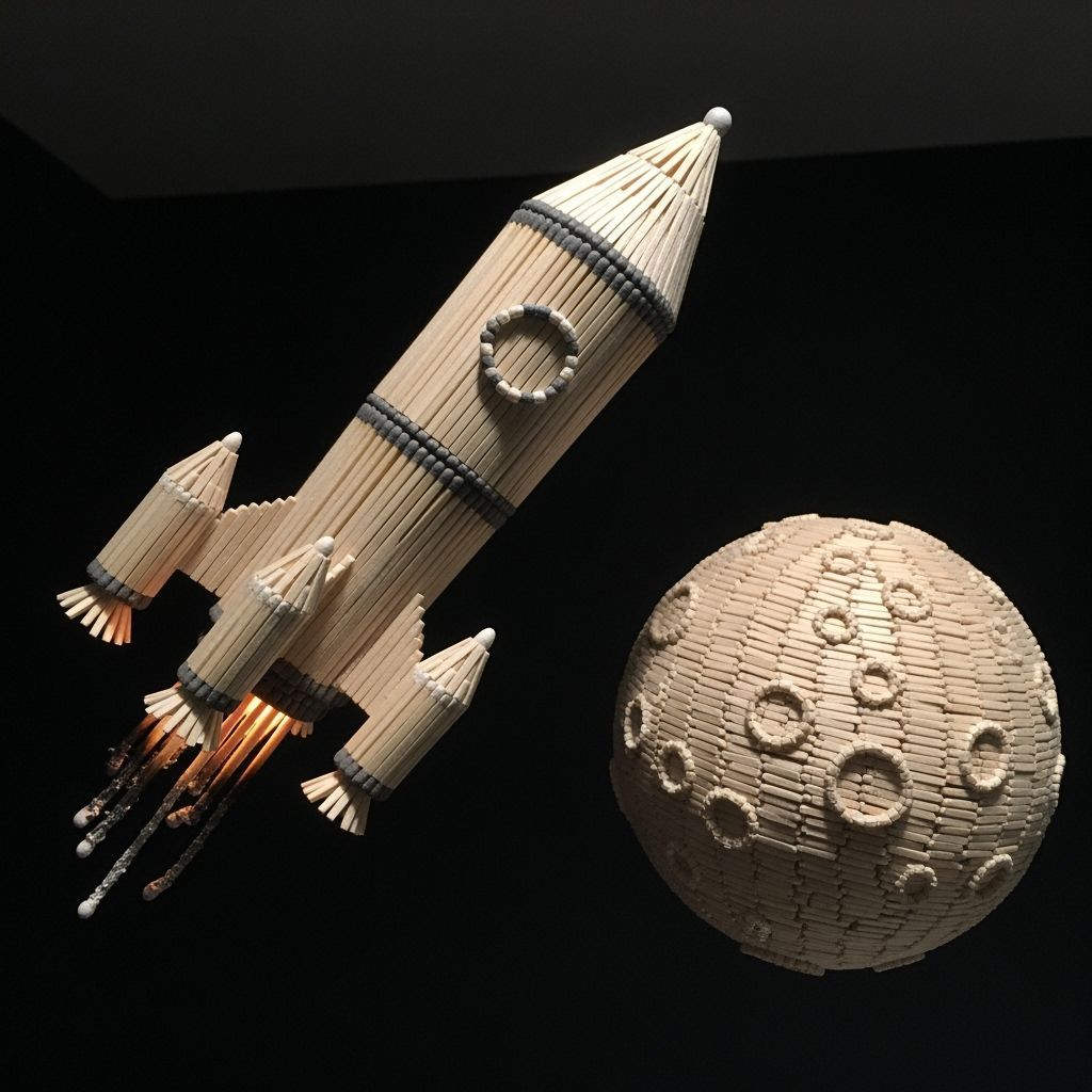 Matchstick Rocket Soaring Past the Moon Diorama
