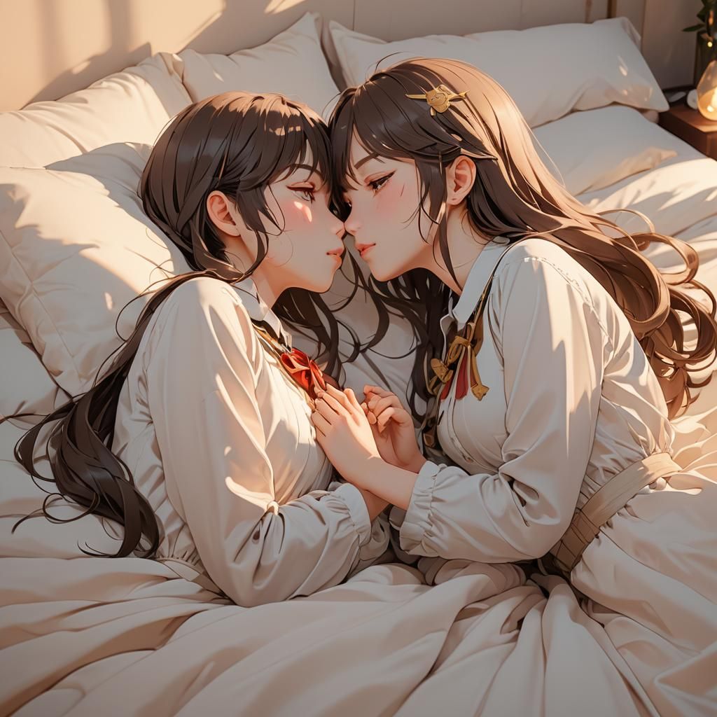 Romantic Anime Portrait of Two Girls Kissing