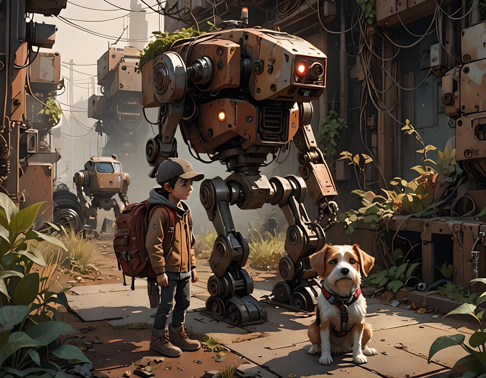 Child and Robot Encounter in Overgrown Landscape