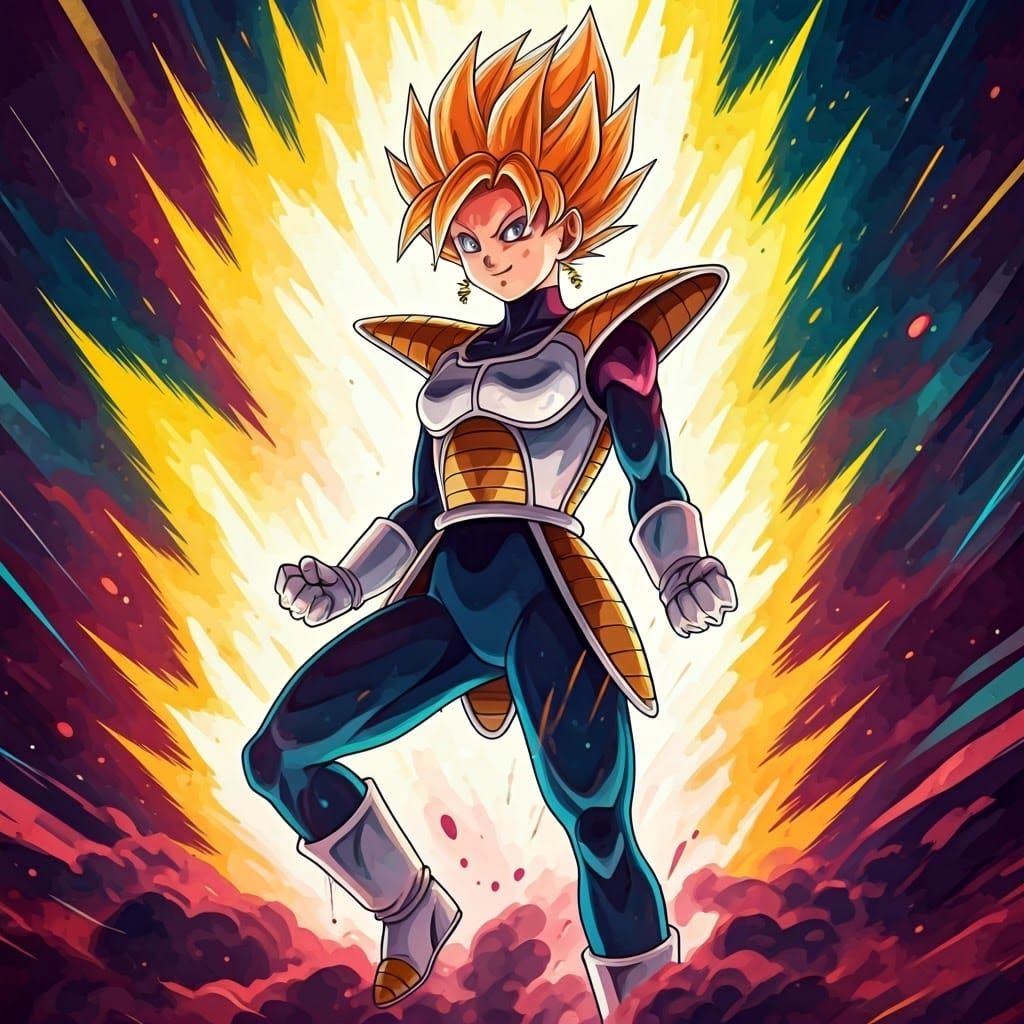 Vibrant Watercolor Saiyan Warrior in Gaseous Nebula