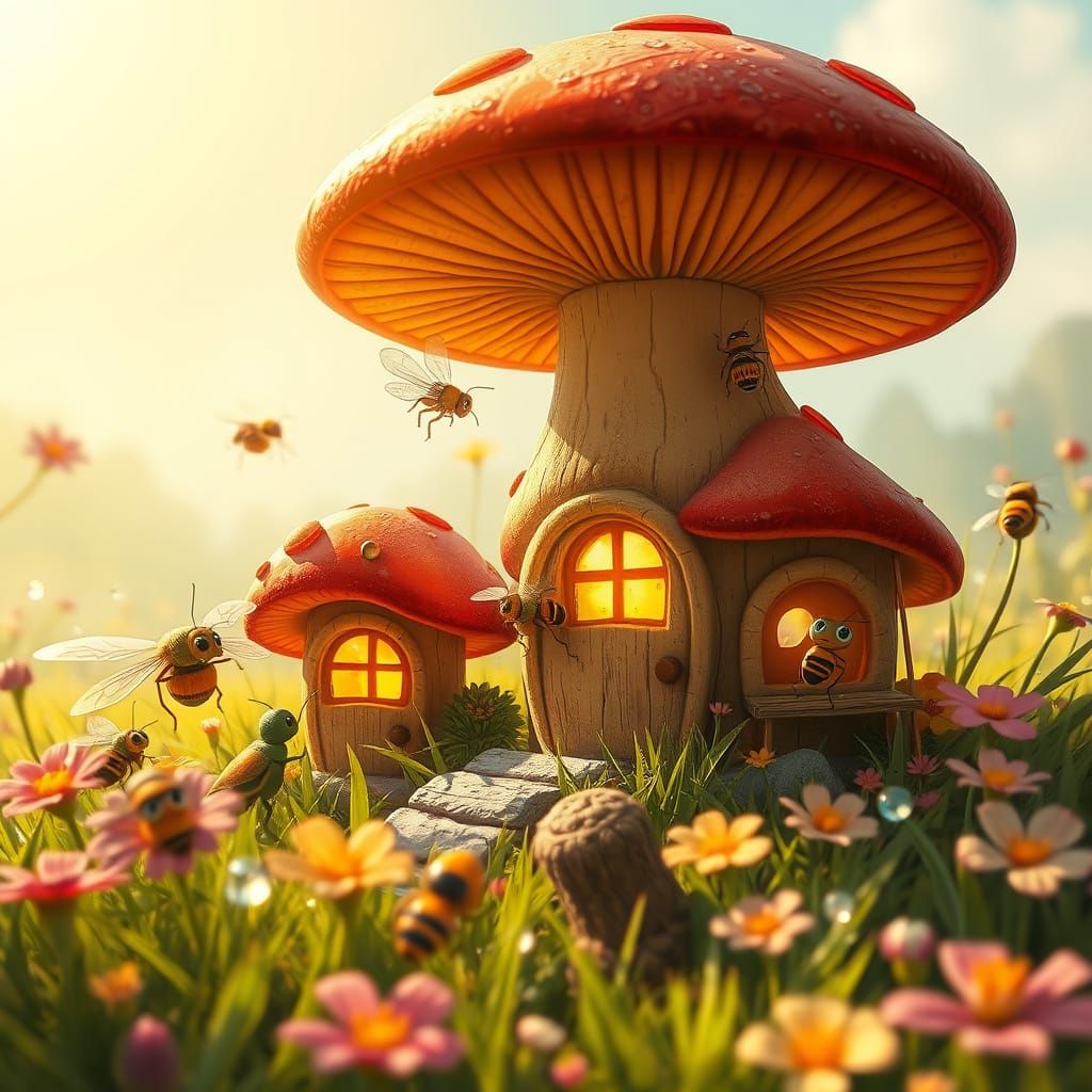 Happy Bugs Living in Mushroom Houses in Sunlit Meadow