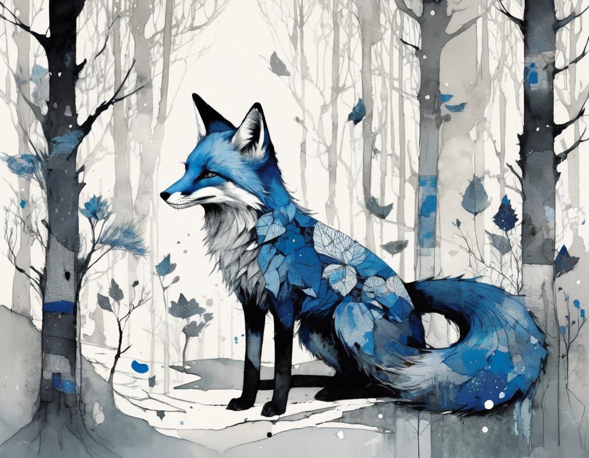Surrealistic Blue Fox in Muted Woodland Landscape