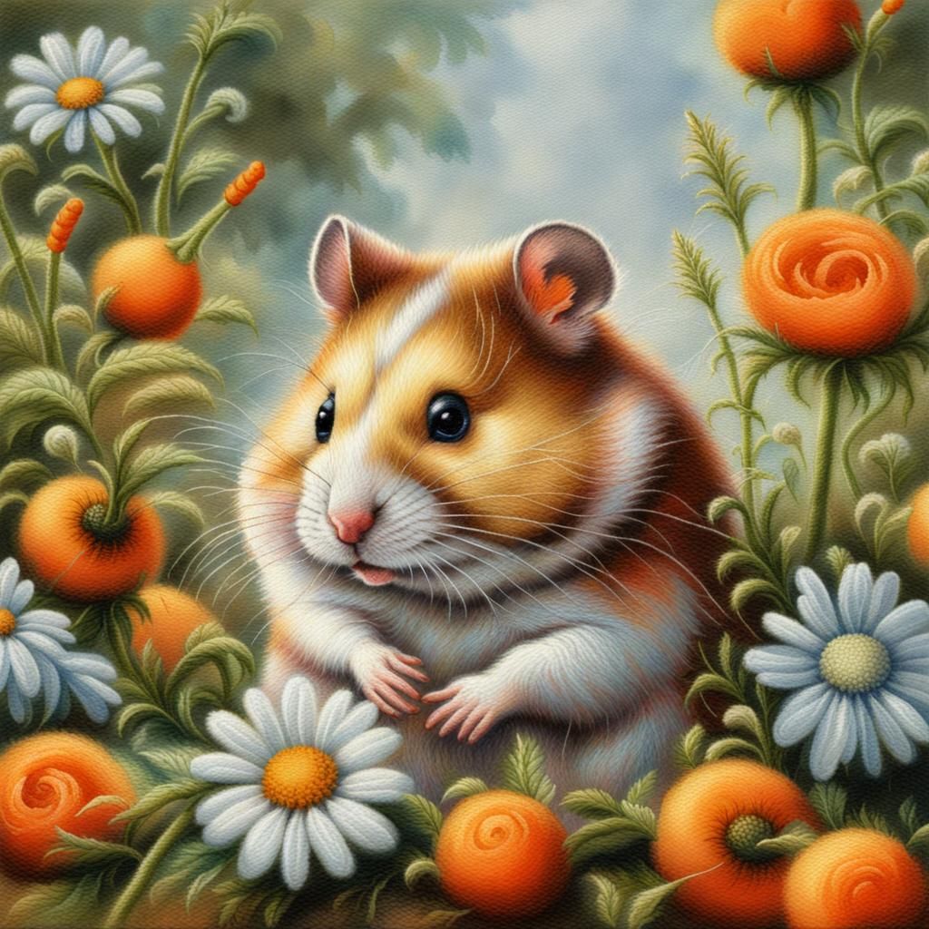 Hamster with Carrots Embroidery in Ethereal Style