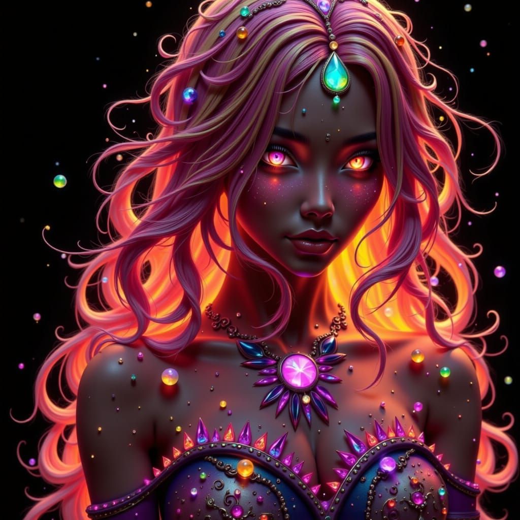 Goddess Portrait with Neon Hair in Art Nouveau Style