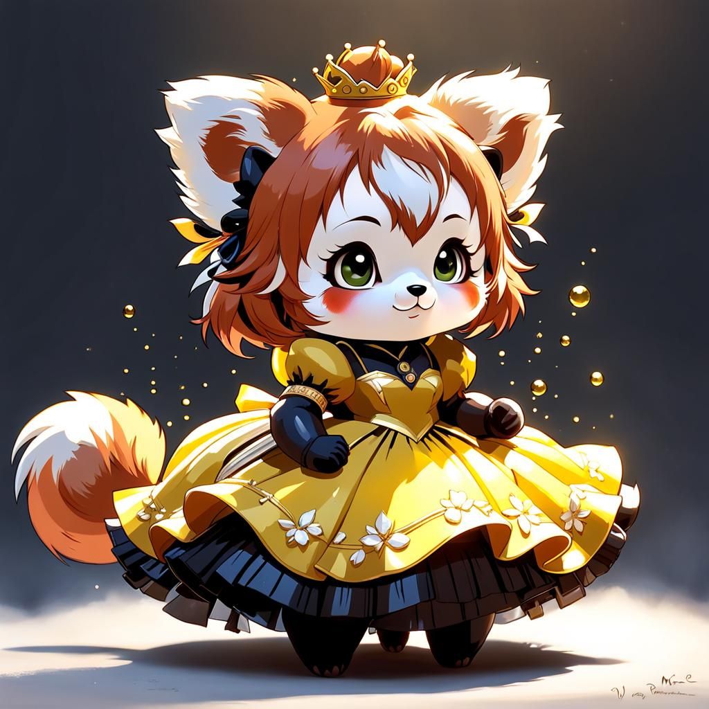 Red Panda Cub in Belle's Gown, Digital Art
