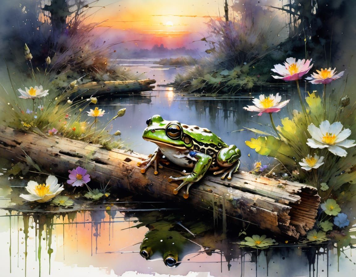 Watercolor Frog in Dramatic Sunset on Weathered Log