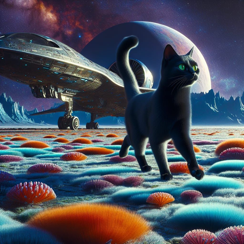 Black Cat Striding on Alien Planet