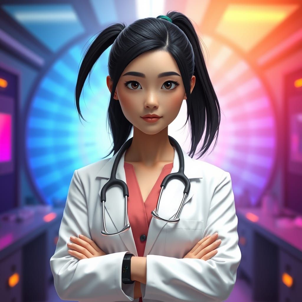 Confident Asian Female Scientist in Futuristic Lab