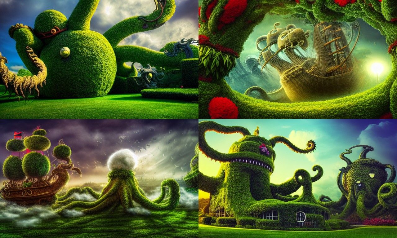 Kraken vs. Pirate Ship Topiary in Ethereal Garden