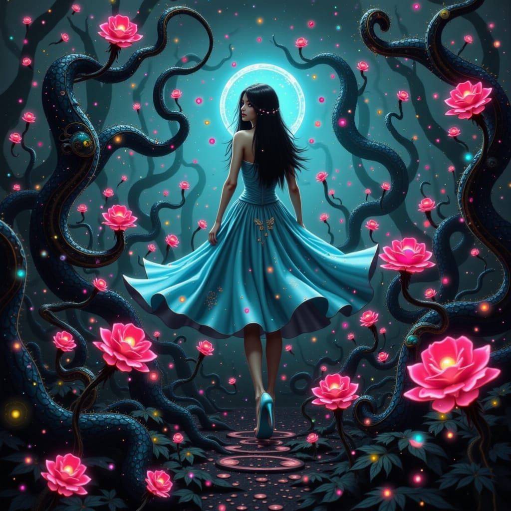 Alice in Bioluminescent Garden Maze, Surreal Art
