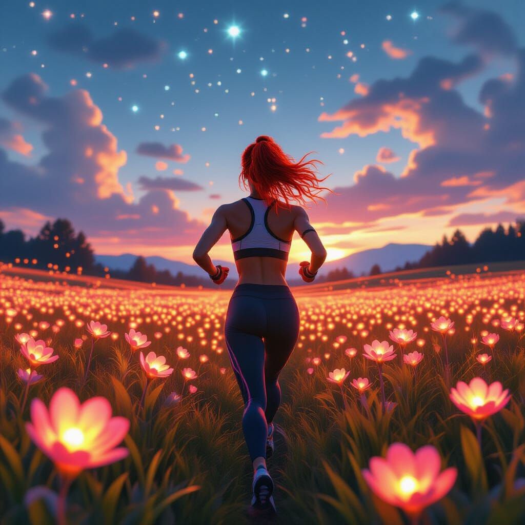 Woman in Alien Flower Field: Futuristic Realism Art