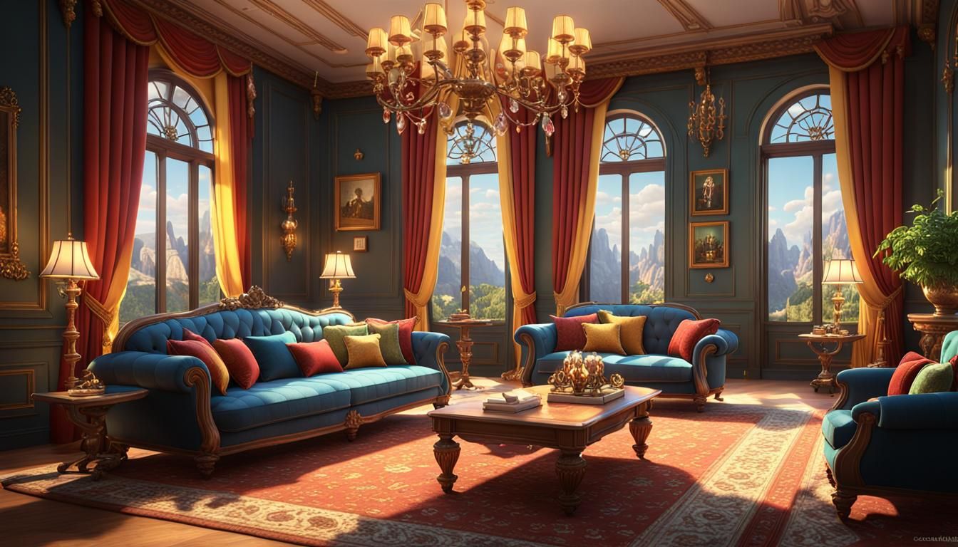 Luxurious Castle Sitting Room in Warm, Cheerful Colors